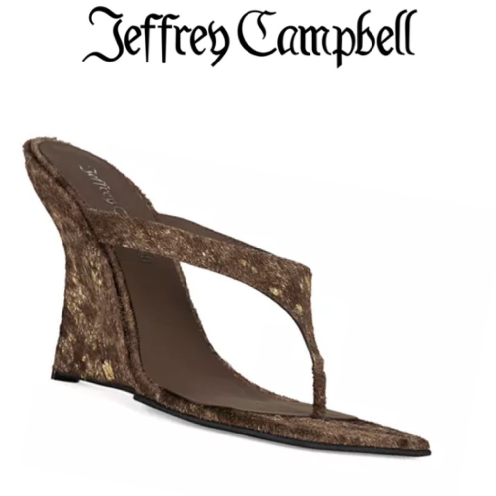 JEFFREY CAMPBELL ROMEE F CALF HAIR SCULPTED WEDGE SANDALS BROWN GOLD SPOT *NIB*